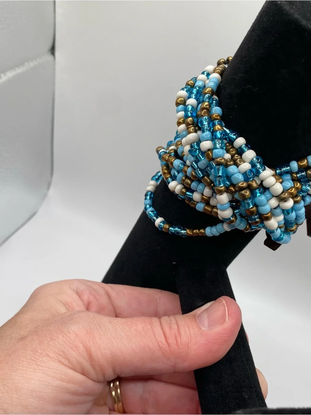 Vintage Beaded Stretch Bracelet Set - Blue, White & Gold wood accents